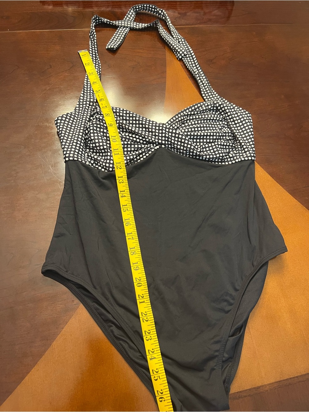 Black One-Piece Halter Swimsuit with Polka Dot Bust